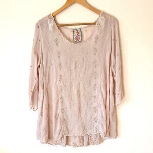 Johnny Was Ridden Embroidered Eyelet Blouse Scalloped Hem